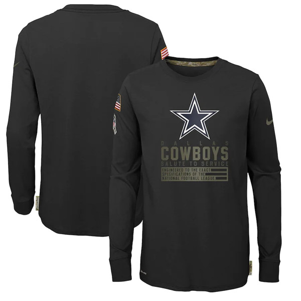 Youth Dallas Cowboys Black NFL 2020 Salute To Service Sideline Performance Long Sleeve T-Shirt